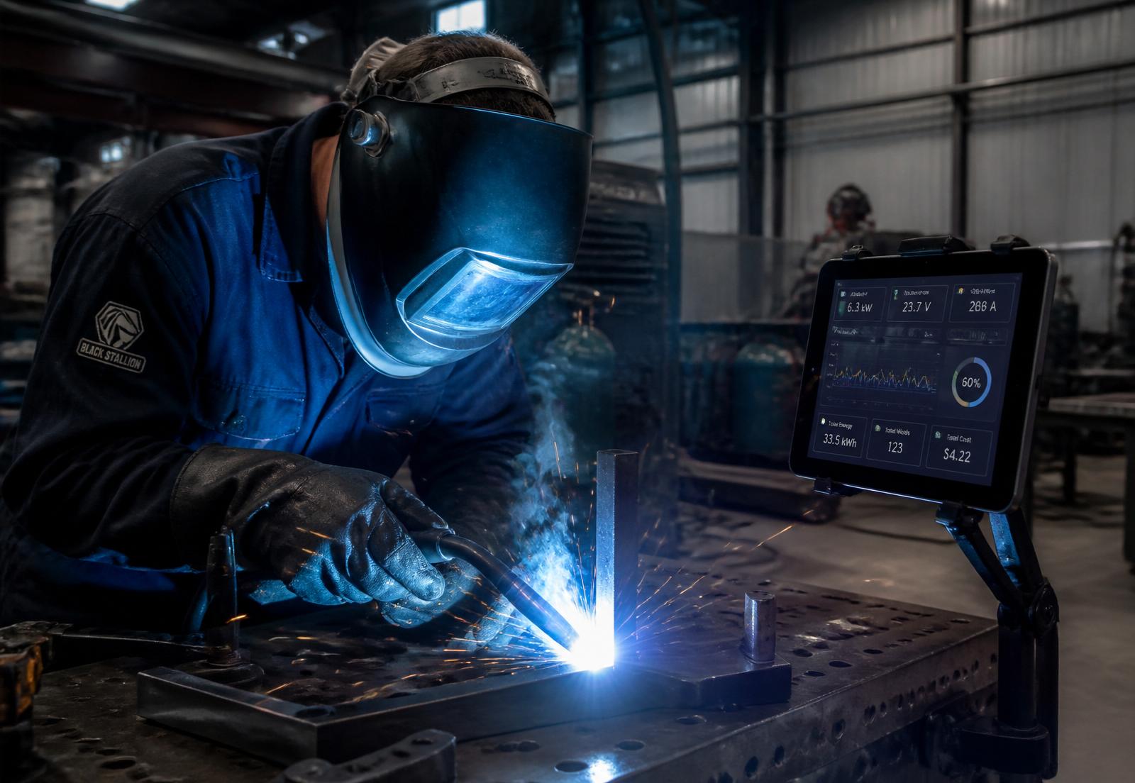 Welder monitoring live parameters on a tablet at the welding station