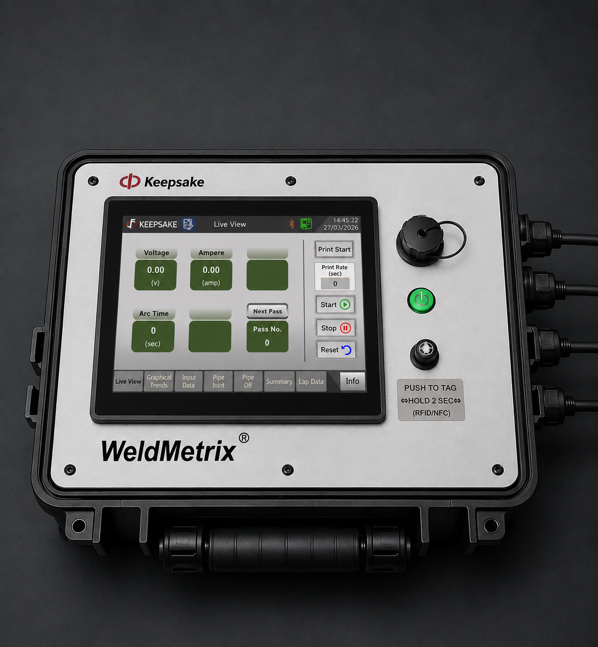 WeldMetrix® WLX-500 data logger on a fabrication workbench